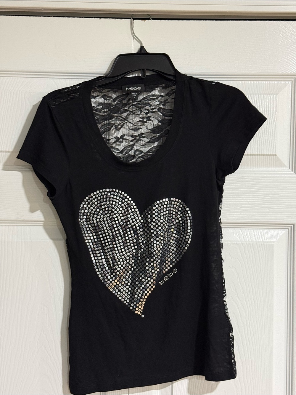 bebe Black Short-Sleeve Rhinestone Heart Tee with Lace Back